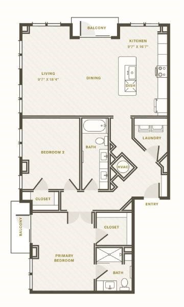 Floor plan for 2 beds, 2 baths, 1372 sqft